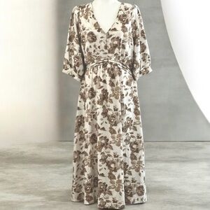 MUSE Petite Short Story Floral Maxi Dress Tan Brown Off-White V-Neck NWT L